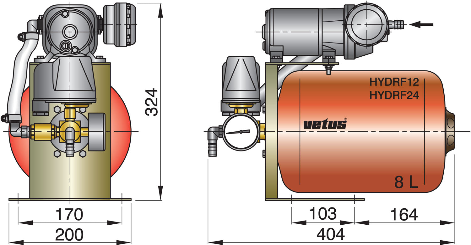 Vetus HYDRF24 - Hydrophor 24V 8 ltr tank, incl. pressure regulator