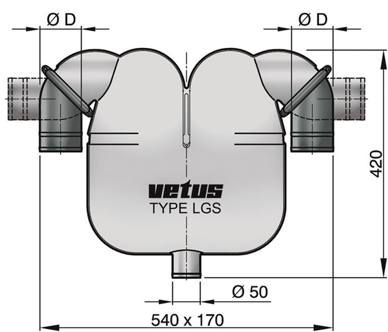 Vetus LGS7550 - Exhaust gas separator with 75mm conns. & 50 mm drain