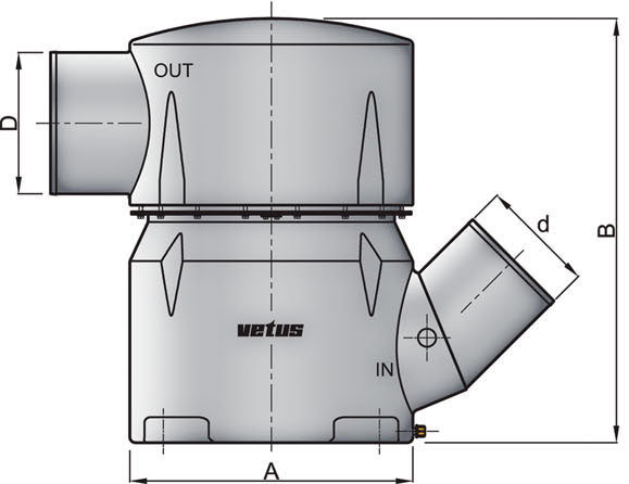 Vetus MGS5456A - Plastic muffler MGS 127mm 45 deg inlet, 152 mm out